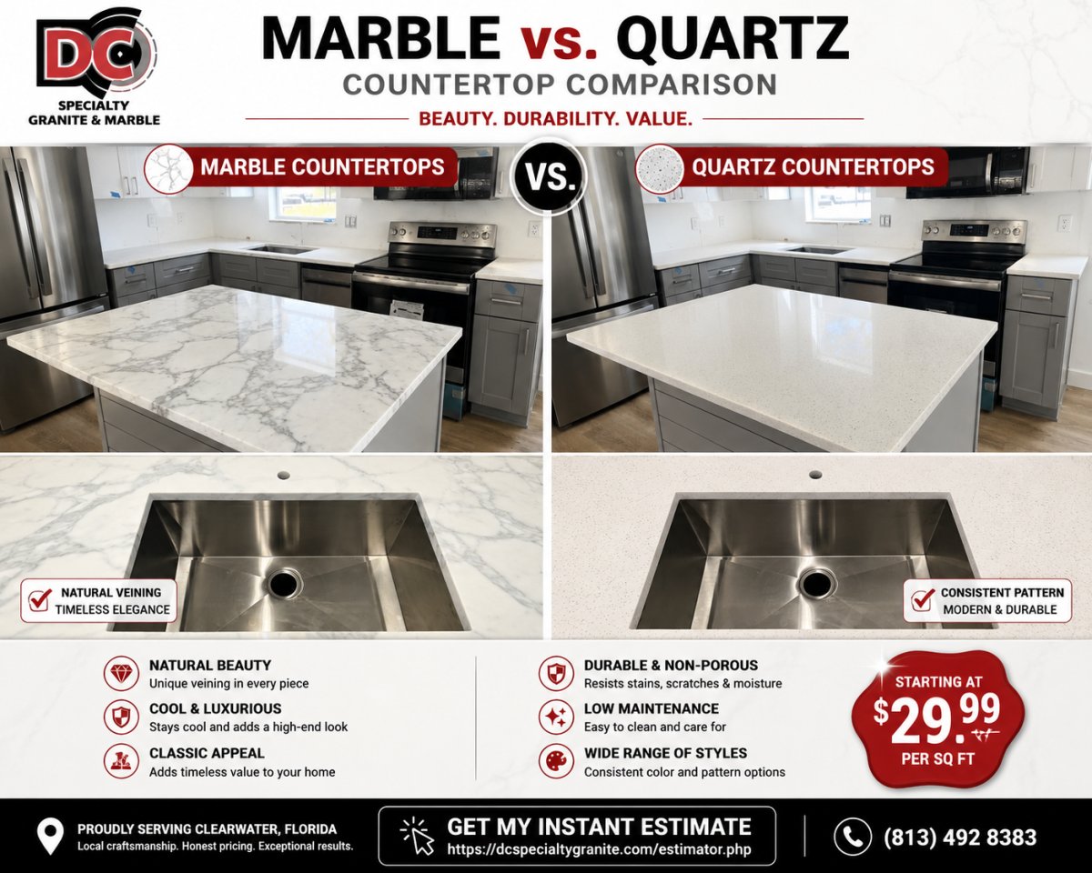 Compare Marble vs. Quartz Countertops: Which Is Best for Your Clearwater Bathroom Renovation?